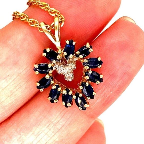 14k Blue Sapphire/Diamond Heart Necklace - Picture 6 of 15